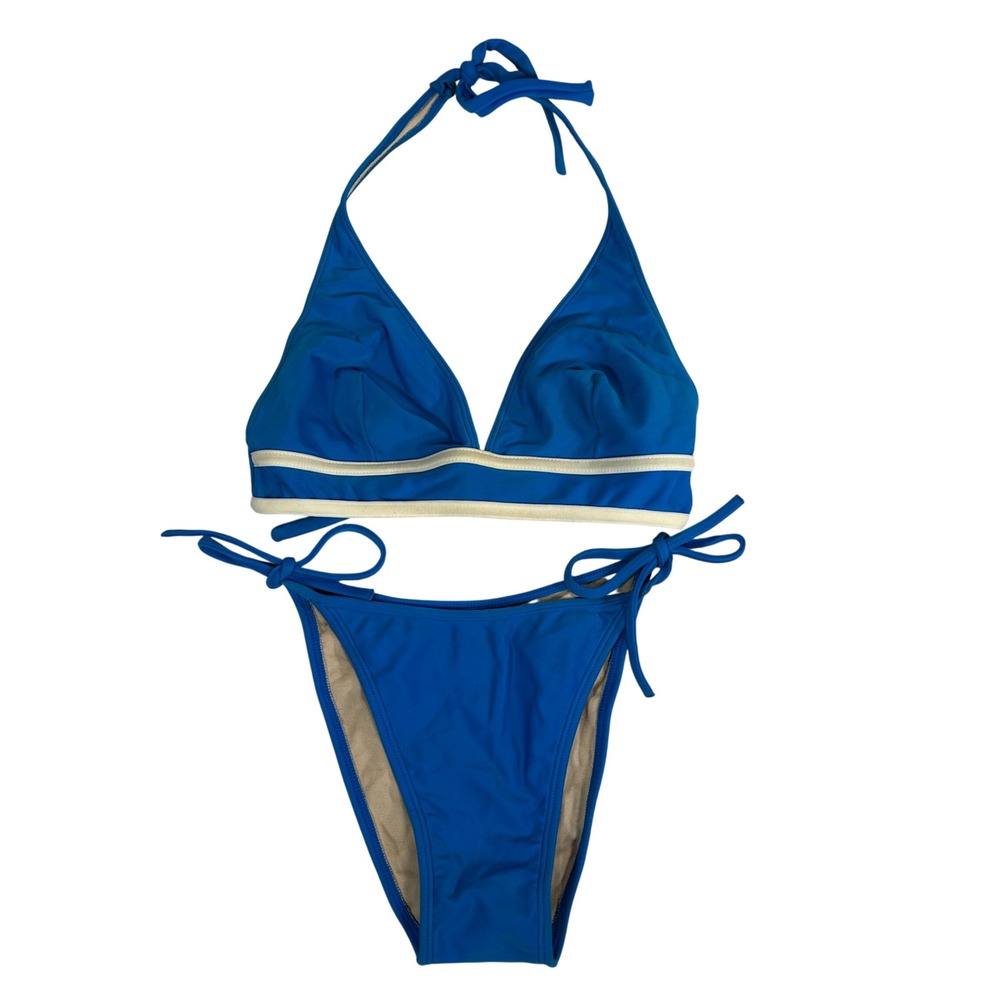 Azzurro Blue Halter Triangle Bikini Set White Trim Embroidered R Logo Size S